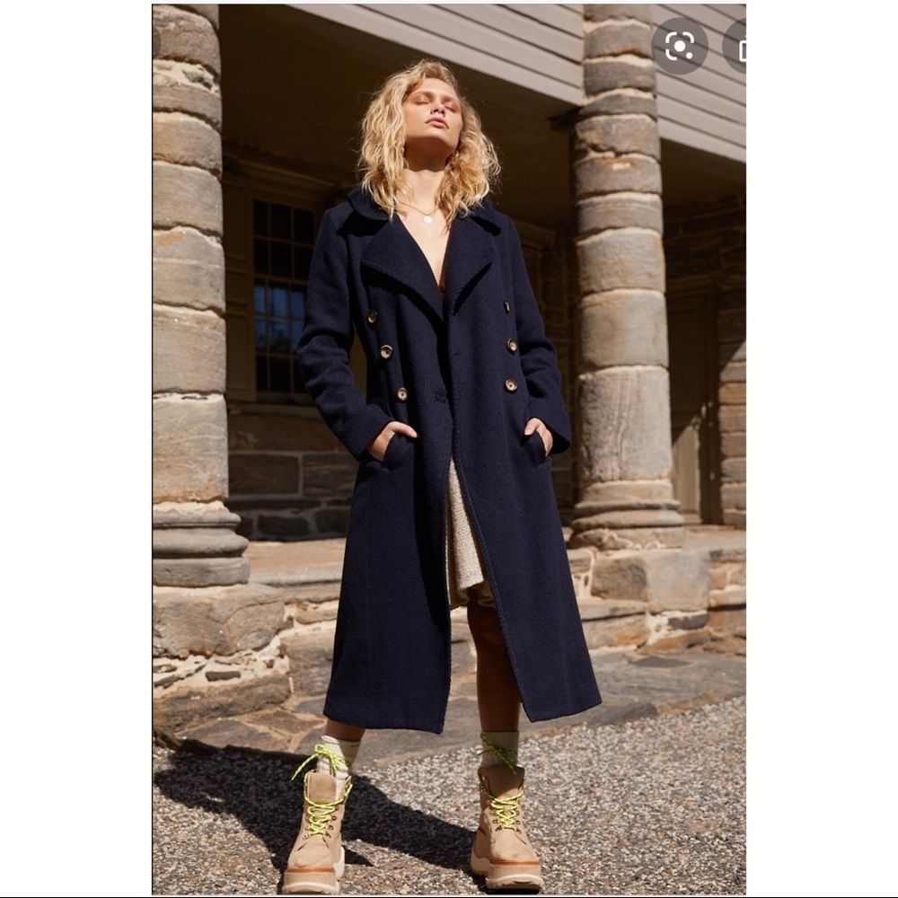 Free People Navy Textured Long Trench Coat - Picture 13 of 13